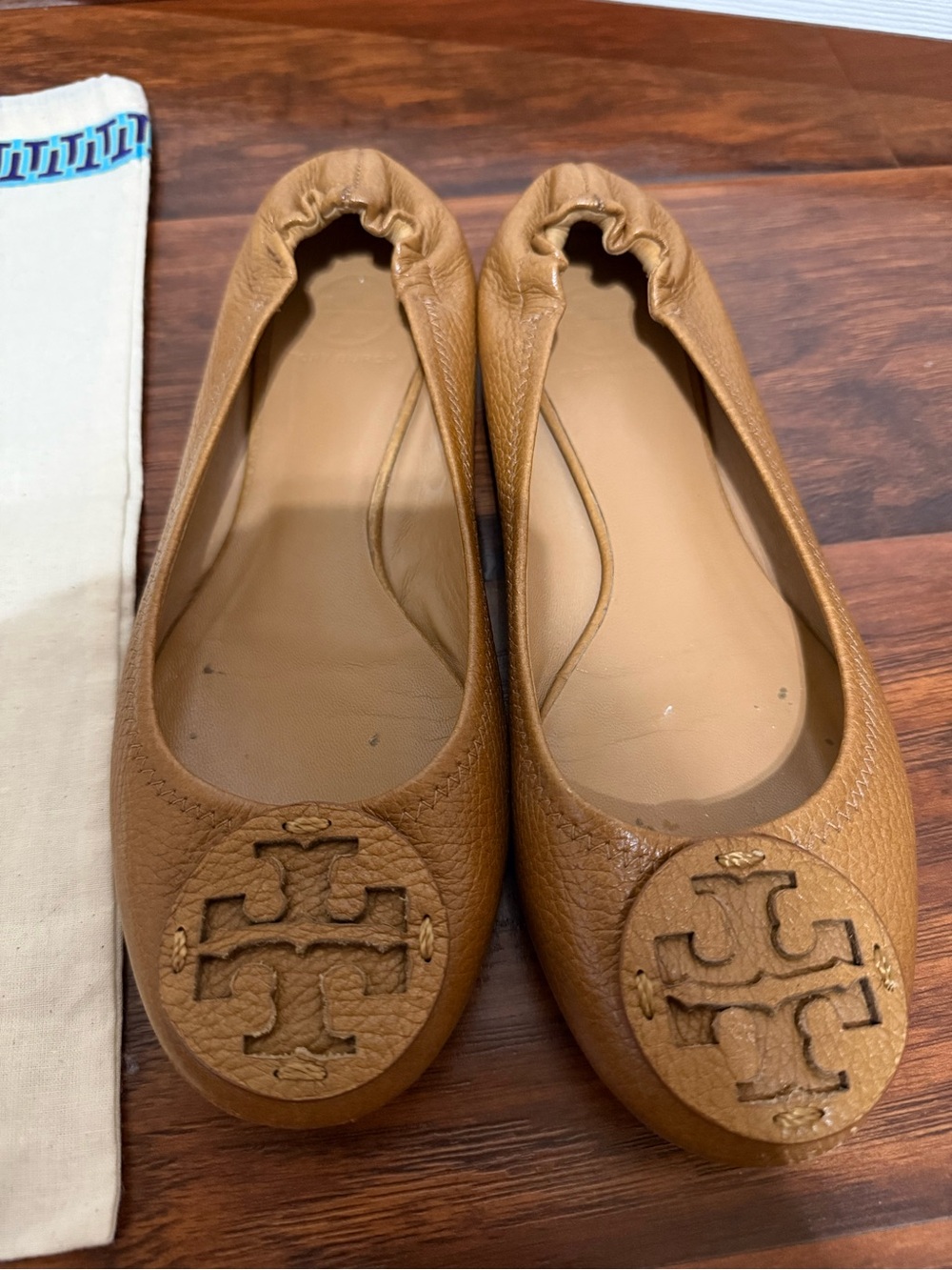 Tory Burch Cognac Leather Logo Ballet Flats